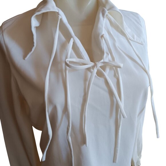 Small Vintage White Long Sleeve Blouse Tie Neck & Elastic Cuffs 1970's Boho 1OF1 - Picture 4 of 8